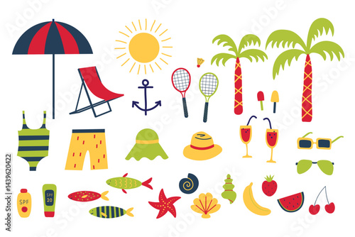 Summer doodle with Sea Accessories tropical nature elements, fruits on isolated background. Vector illustration with sun umbrella, rackets, swimsuit, panamas, anchor, sunscreen, palms, fish, shells