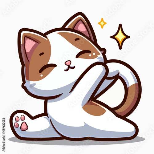 Digitally rendered, charming cartoon cat in a stretching yoga position, embodying a playful and happy expression.