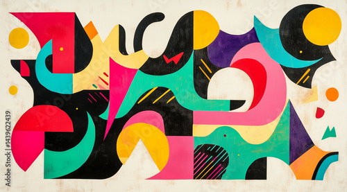 A vibrant mural with bold colors and shapes on a city wall celebrates public art and creativity