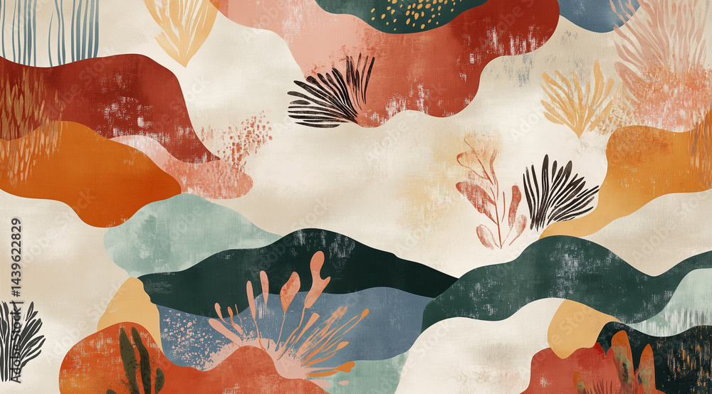 Bright, flowing shapes in warm and cool tones create an abstract pattern reminiscent of nature's forms