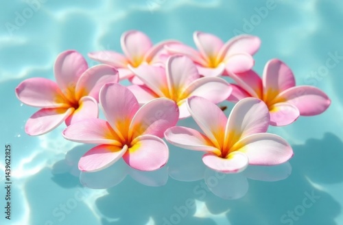 pink tropical flowers floating in blue ocean water