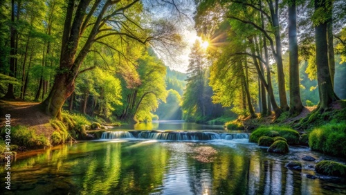Serene River Scene Sunlit Waterfall in Lush Green Forest with Tranquil Waters Reflecting the Sunlight Through the Trees