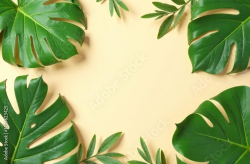 flatlay background for text in the center, palm leaves on beige background