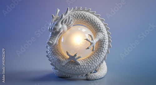Close-up of a white porcelain dragon wrapped around a glowing pearl