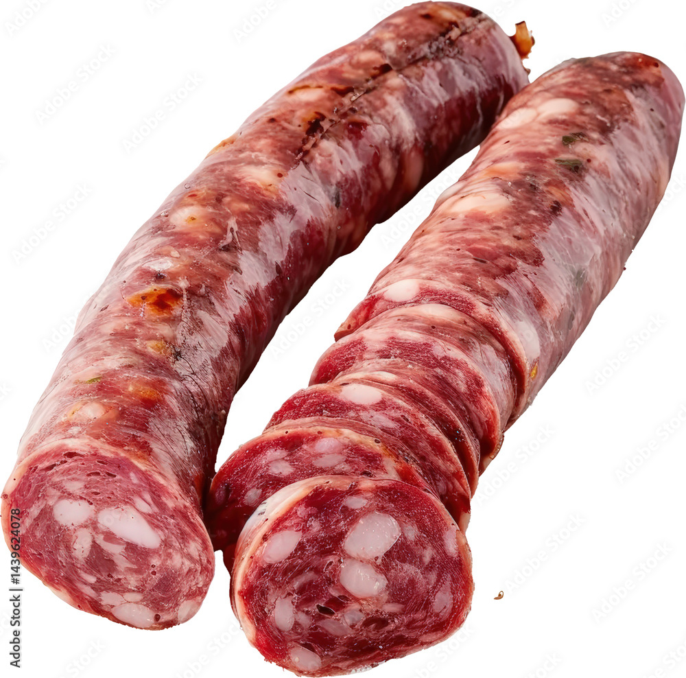 Sliced salami on white background