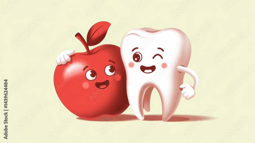Fototapeta premium Cute 3D render illustration featuring a smiling, winking anthropomorphic white tooth character standing happily next to a large, stylized red apple character (also with a simple cute face). 