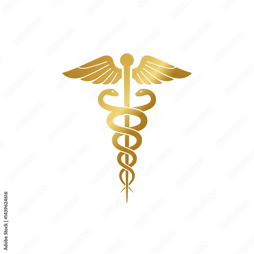 Elegant golden caduceus medical symbol against a clean white backdrop Elegant golden caduceus medical symbol against a clean white backdrop
