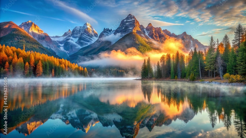 Fototapeta premium Serene Autumn Sunrise Over Majestic Mountain Range Reflected in Still Lake Waters