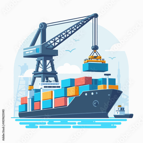 Large vessel is being loaded with containers by a crane at a busy port.