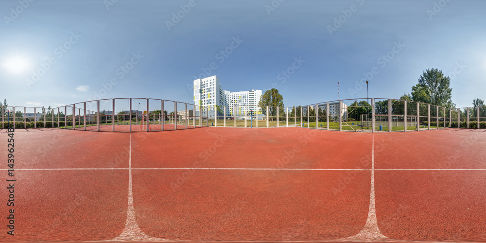 full seamless spherical hdr panorama 360 degrees angle view on empty gym with gymnasium basketball court on street in equirectangular projection, AR VR content