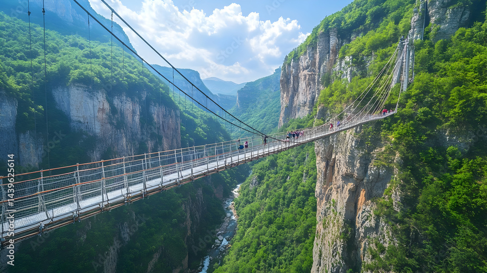 Fototapeta premium Glass Bridge in Mountainous Landscape: A Thrilling View