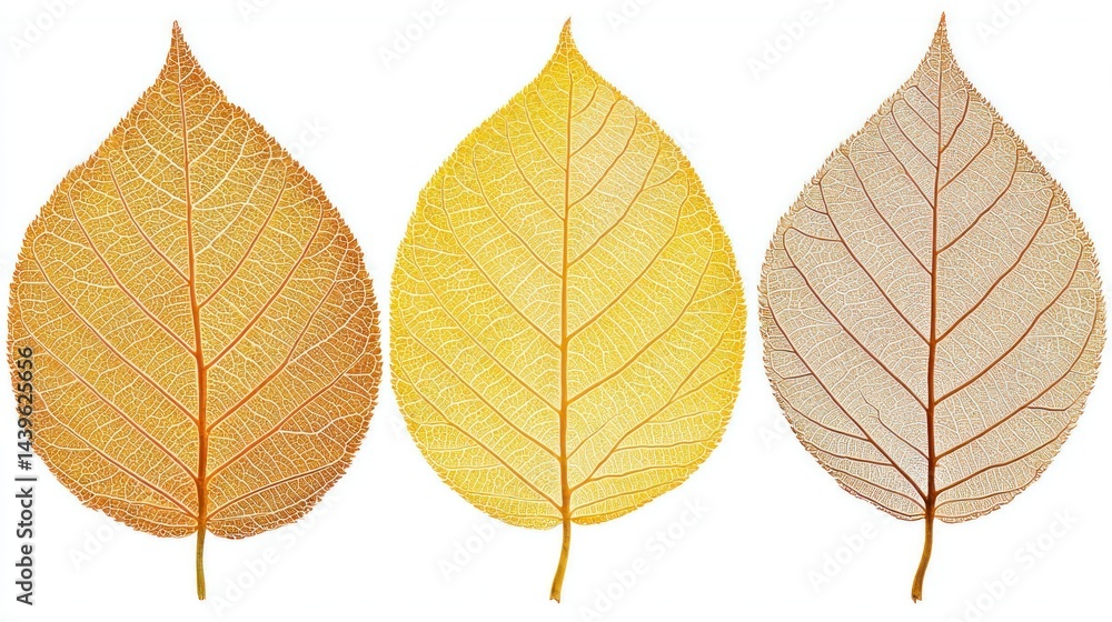 Fototapeta premium Three leaves showing autumn's colors and intricate veins