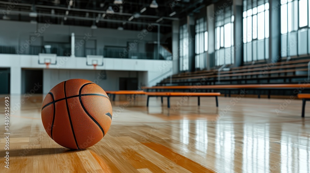 A single basketball rests on the polished wooden floor of a large empty gymnasium with bleachers and hoops visible in the background showcasing a sense of quiet anticipation. A single basketball rests on the polished wooden floor of a large empty gymnasium with bleachers and hoops visible in the background showcasing a sense of quiet anticipation.