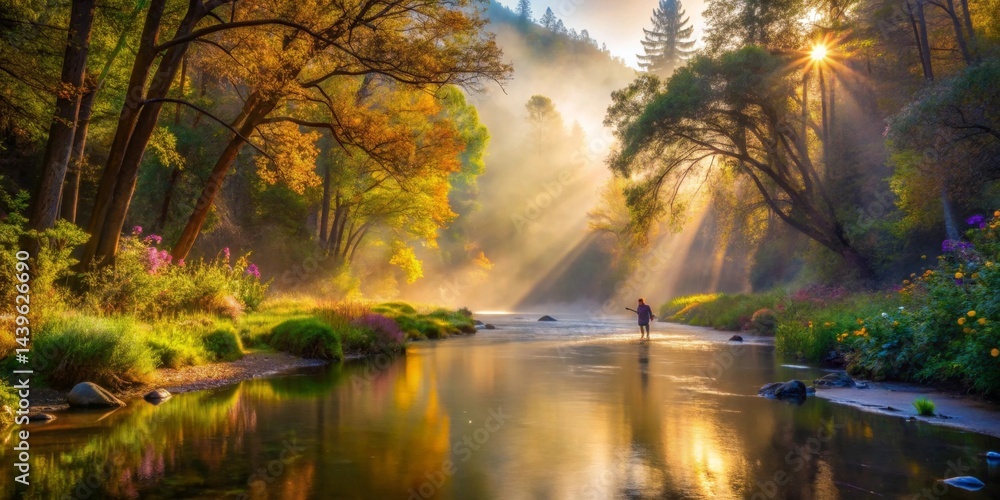 Serene Autumn Dawn A Solitary Figure Wades Through a Misty River Bathed in Golden Sunlight, Surrounded by Vibrant Flora and Majestic Trees Serene Autumn Dawn A Solitary Figure Wades Through a Misty River Bathed in Golden Sunlight, Surrounded by Vibrant Flora and Majestic Trees