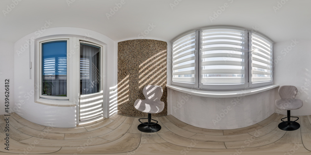 hdri 360 panorama view inside balcony with double roller zebra blinds on large windows and bar chairs in full seamless spherical equirectangular projection, ready for VR AR virtual reality content