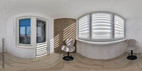 hdri 360 panorama view inside balcony with double roller zebra blinds on large windows and bar chairs in full seamless spherical equirectangular projection, ready for VR AR virtual reality content