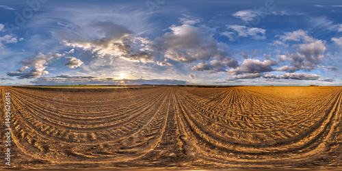 hdri 360 panorama on gravel road among farming fields with tire tracks in equirectangular full seamless spherical projection, for VR AR virtual reality content
