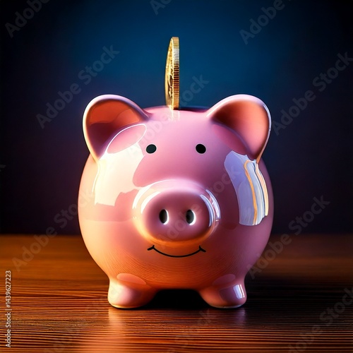 Pink piggy bank with golden coin on top, surrounded by coins on wooden table, representing savings, investment, and financial growth