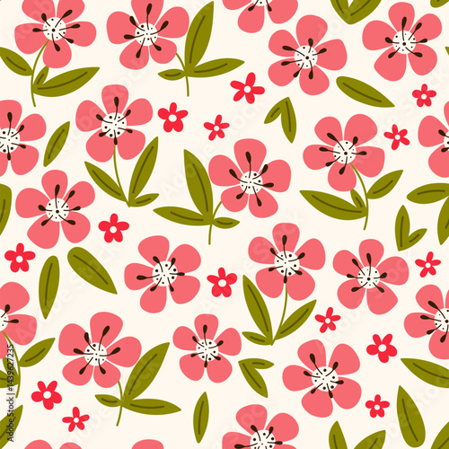Pink flowers cartoon seamless pattern