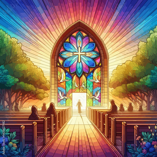 Vibrant illustration of a  church exterior scene with  a figure walking through a glowing stained glass doorway.
