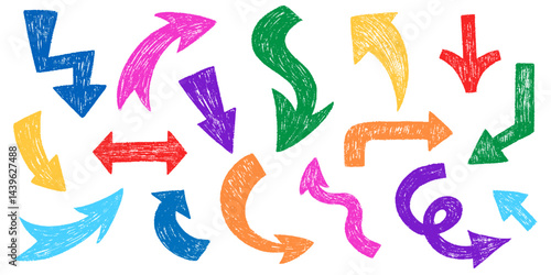 Color crayon arrow set. Bold folded and curved arrows pastel pencil chalk line stroke. Hand drawn grunge crayon brush sketch direction element set.  Graffiti retro style vector illustration