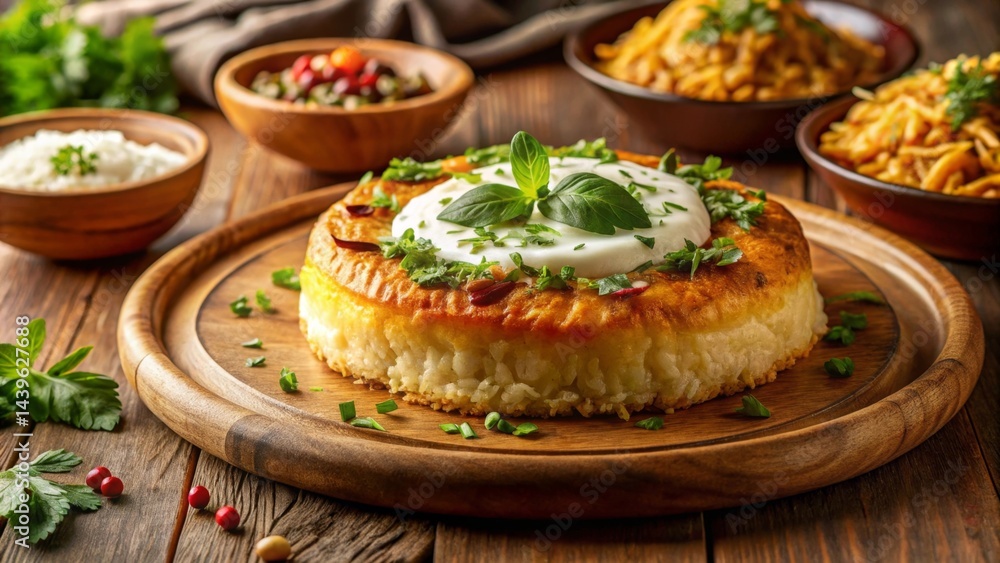 Savory Rice Cake with Creamy Topping and Fresh Herbs on Rustic Wooden Board Savory Rice Cake with Creamy Topping and Fresh Herbs on Rustic Wooden Board