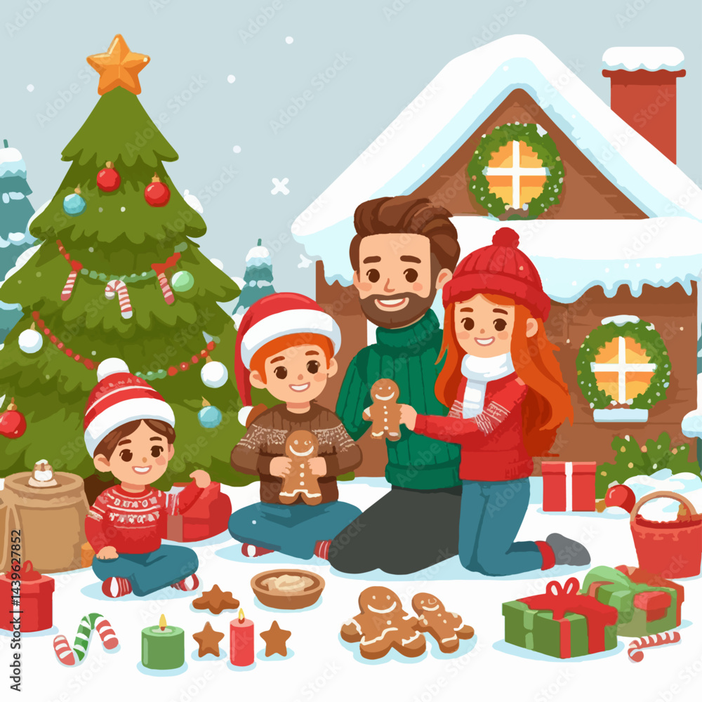 Fototapeta premium Happy family is seated outdoors, enjoying the holiday season, preparing or decorating gingerbread cookies near a Christmas tree and cozy home.