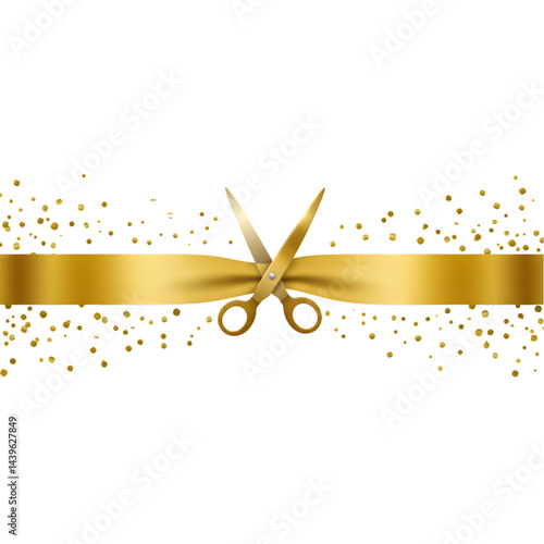 Festive grand opening celebration with golden ribbon and shimmering confetti