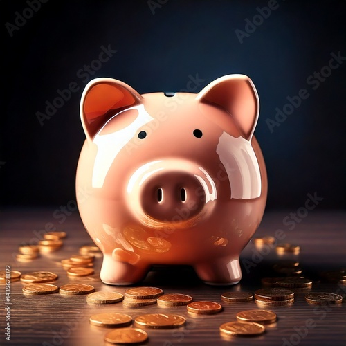Pink piggy bank with golden coin on top, surrounded by coins on wooden table, representing savings, investment, and financial growth