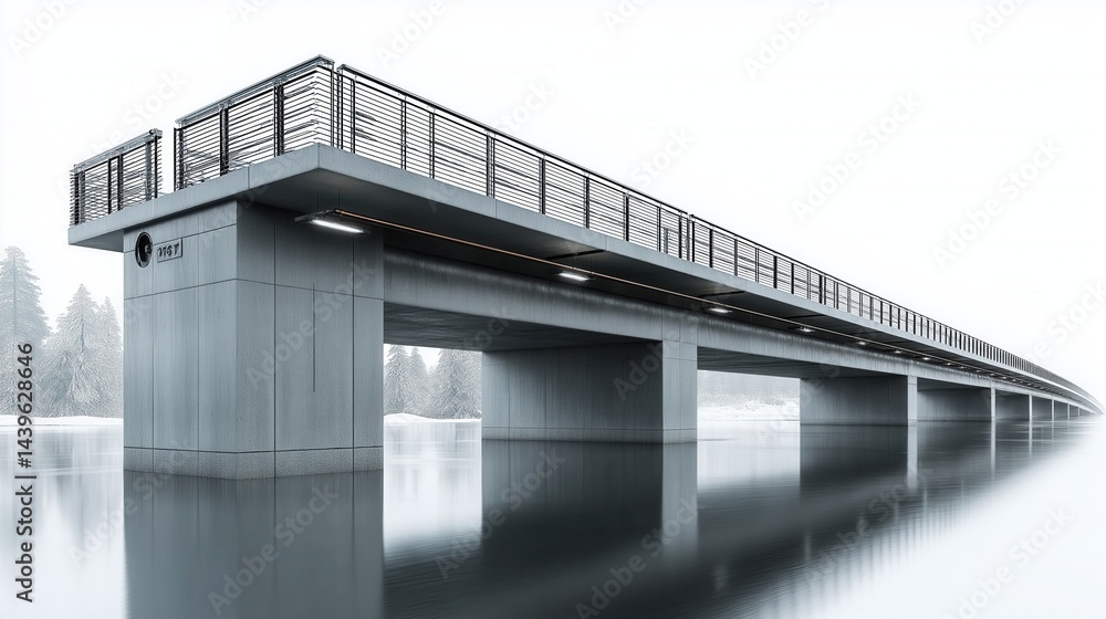 Fototapeta premium Modern concrete bridge spans calm water, with trees faintly visible in the misty background.