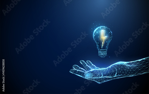 Abstract blue giving hand with yellow lightning inside a light bulb. Renewable energy and sustainable innovation concept.
