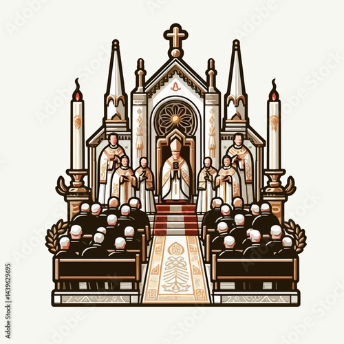 Meticulously detailed illustration of a religious service, with numerous figures in clerical attire, situated within an elaborate architectural space.