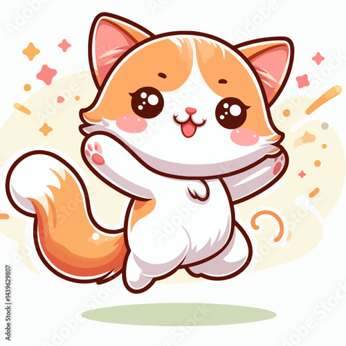 Cheerful, cartoonish orange and white cat character in a joyful, animated leap, set against a light background.