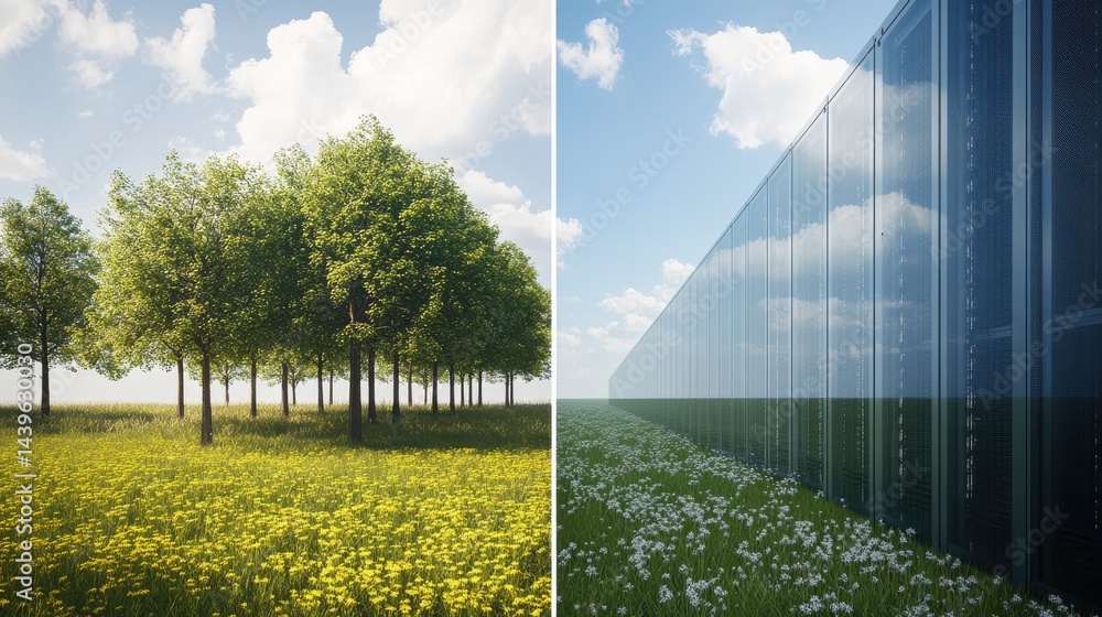 Fototapeta premium Contrast Between Nature and Technology in a Bright Landscape with Trees and Data Center