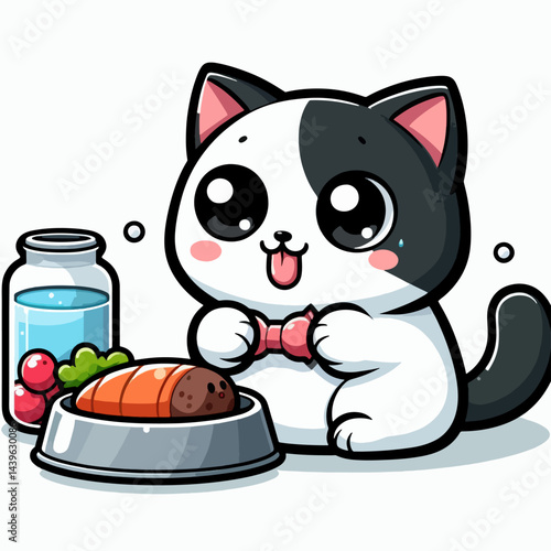 Charming cartoon illustration depicts a black and white kitty with exaggerated features, happily consuming a meal.