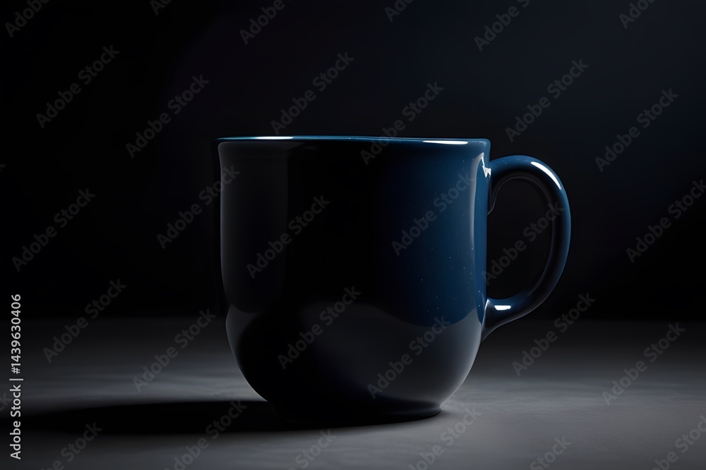 Solitary Blue Mug: Simple Elegance of a Dark Ceramic Cup Against a Deep Black Background. Solitary Blue Mug: Simple Elegance of a Dark Ceramic Cup Against a Deep Black Background.