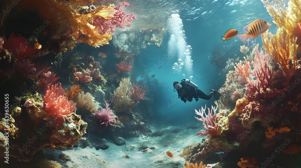 Naklejka premium Exploring a Vibrant Coral Reef: Underwater Scuba Diving Adventure