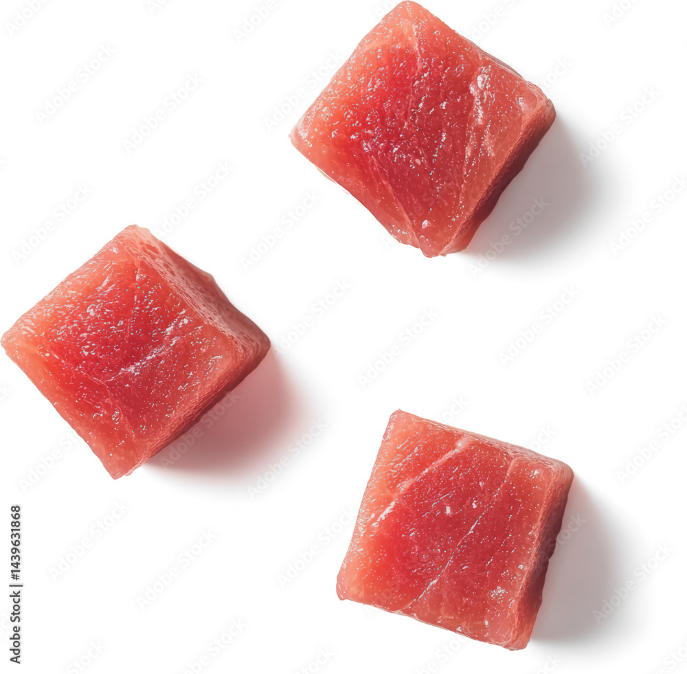 Fresh raw tuna cubes on display