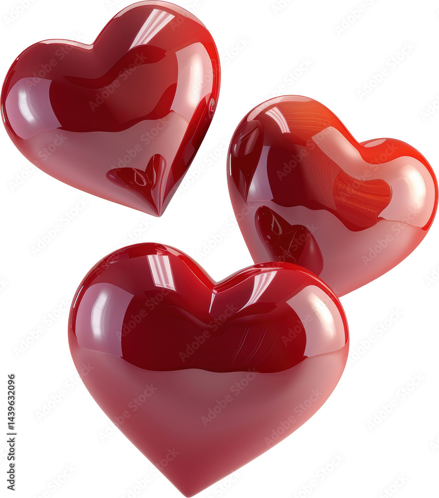 Three glossy red hearts