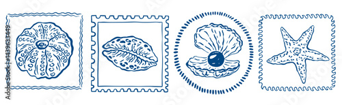 Vintage marine stamp with hand drawn seashells. Minimalist vintage marine prints. Summer coastal design elements for trendy poster, invitation, banner, menu cover. Retro frame or border design