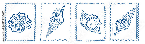 Vintage marine stamp with hand drawn seashells. Minimalist vintage marine prints. Summer coastal design elements for trendy poster, invitation, banner, menu cover. Retro frame or border design