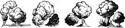 Black and white smoke cloud illustrations explosion design elements
