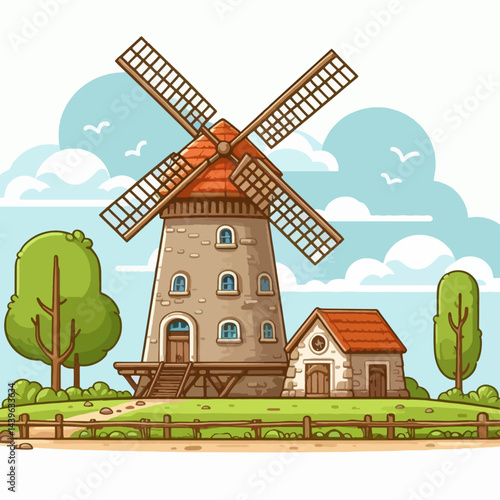Charming cartoon depiction of a windmills and a small outbuilding nestled amidst lush green trees and a grassy field, set against a light blue sky.