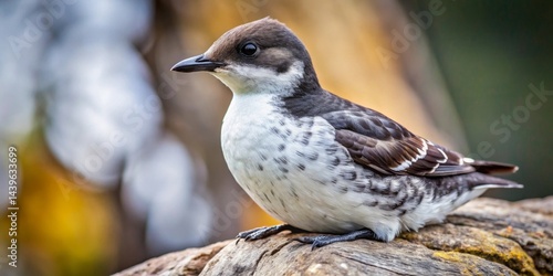 A Small Bird Perched on a Weathered Log, Displaying Intricate Feather Detail and a Striking Combination of White and Dark Grey Plumage, Against a Softly Blurred Background