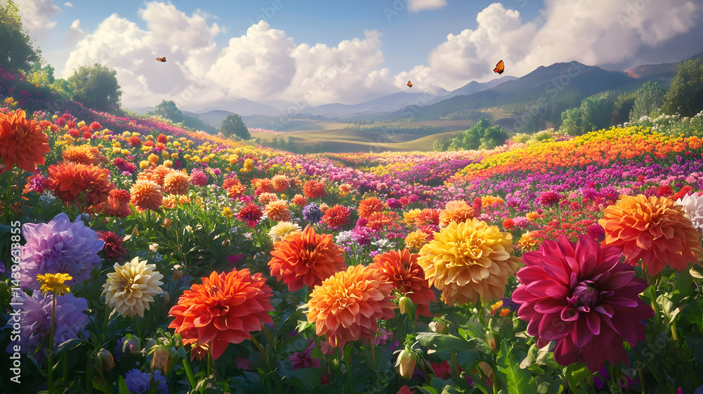 Fototapeta premium Vibrant Dahlia Field: A Stunning Floral Landscape with Butterflies