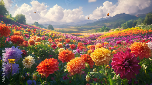 Vibrant Dahlia Field: A Stunning Floral Landscape with Butterflies