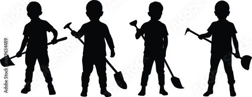 Child labor concept black silhouette vector image , Boys Holding Gardening Tools 
