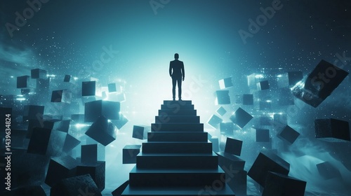 Ascent of Ambition: A solitary figure ascends a staircase towards a realm of floating geometric forms, symbolizing the journey towards aspirations and the pursuit of goals.