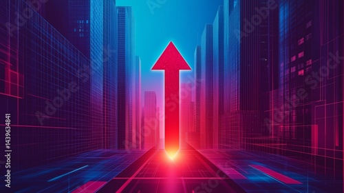 Ascending Ambition: An eye-level shot of a vivid red arrow pointing skyward against a vibrant neon cityscape, evoking a sense of progress and futuristic innovation.