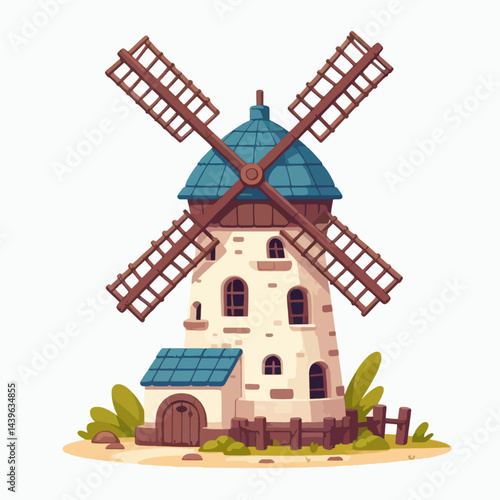 Whimsical depiction of a stone windmill, complete with details like wooden sails and a roof, situated on a grassy, idyllic landscape.
